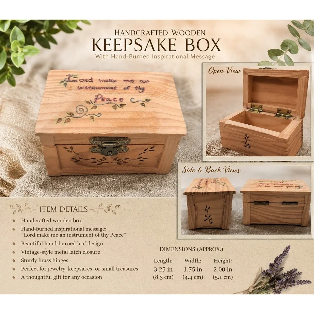 Handmade‎ Wooden Trinket Box Lord Make Me An Instrument Of Thy Peace Rel Gift
